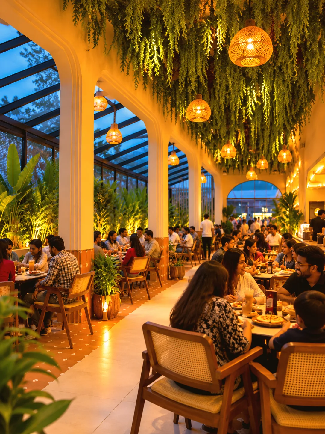 Evening at Chai Chaska Cafe - guests enjoying chai under warm lanterns